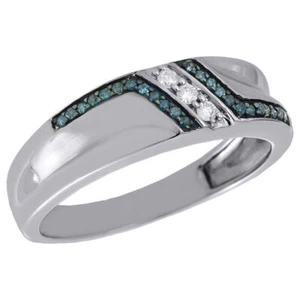 .925 Sterling Silver Blue Diamond Mens Wedding Band Engagement Ring 0.20 Ct. - Picture 1 of 5