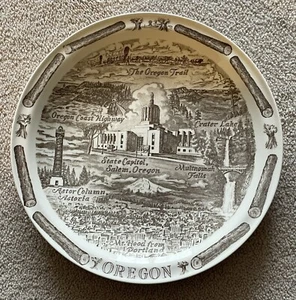 Vernon Kilns OREGON Oregon Trail 10 1/2” Souvenir State Plate Vintage Brown - Picture 1 of 7