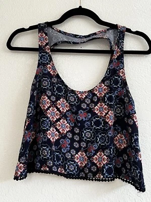 Top corto vintage Y2K Mudd espalda abierta pompón dobladillo azul marino boho festival años 90 talla XS Foto 1 de 4