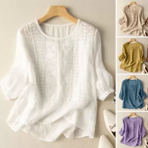 8-24 Women O-Neck 3/4 Sleeve Embroidery Crochet Tops T Shirt Casual Loose Blouse - Picture 1 of 17