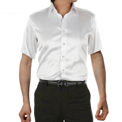 Mens 100% Mulberry Silk Dress Shirt Business Short Sleeve Spread Collar Tops - Image 1 of 4