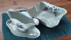 Antike Jugendstil Sauciere und Servierschale Dekor Lila Blumen um 1900 - Bild 1 von 9