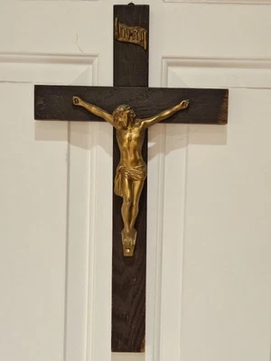 Antigua Cruz de Pared Crucifijo Iglesia Católica Cristiana Roble Jesús INRI 20" Años 20" Foto 1 de 4