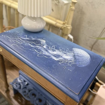 Custom Coastal Jellyfish Painted Storage Bench - Image 1 of 4