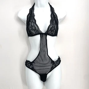 Victoria's Secret One Piece Bodysuit Mesh Sheer Black Size Medium Halter - Picture 1 of 10