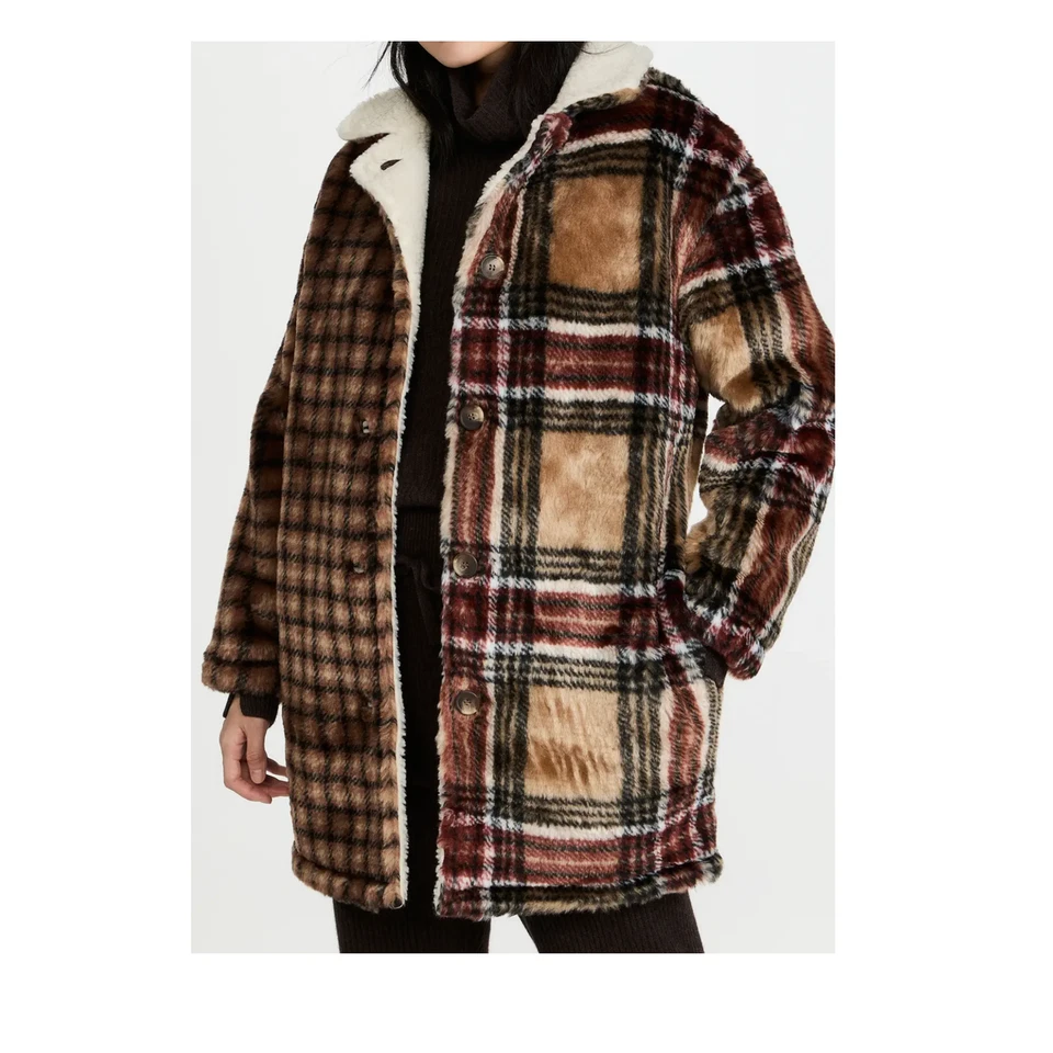 Nuevo con etiquetas Abrigo a Cuadros Something Marrón Marino Camel Imitación Piel Contraste, Talla XXL Foto 1 de 4