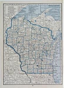 Mapa antiguo del estado de Wisconsin 1931 del atlas de resumen literario del mundo - Imagen 1 de 1