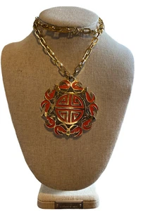 Huge VTG Crown Trifari Asian Orange Enamel Butterfly Moth 24" Pendant Necklace - Picture 1 of 9