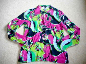 Womens Top-TALBOTS-blue/green/pink floral tencel tunic long sleeve-2P