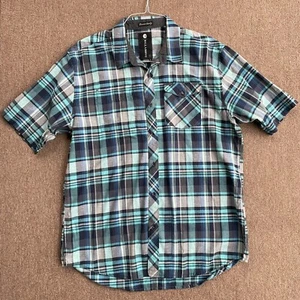 billabong button up shirt men’s Large blue plaid short sleeve - Picture 1 of 5