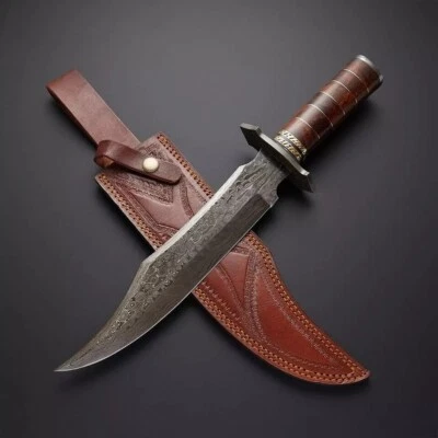 Custom Handmade Damascus Steel Hunting Bowie Knife with Leather Sheath - Image 1 of 4