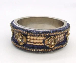 Heavy Statement Amber Mirrors/Flowers Blue Crystal/Pearl Ringed Bangle Bracelet - Picture 1 of 3