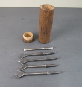 Antique Auger Drill Bit Set in Wooden Box - 1 1/4" 1 1/8" 1" 7/8" Vintage - Picture 1 of 15