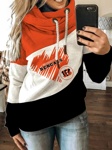 Cincinnati Bengals Womens Patchwork Hoodie Casual Turtleneck Football Sweatshirt Cover