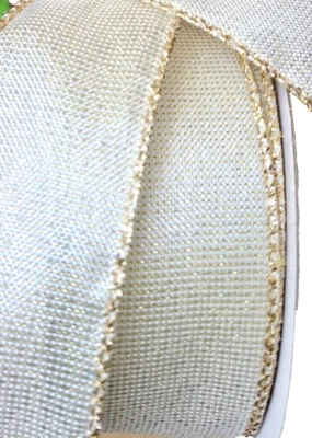 Christmas Gold Iridescent 1.5" by 3 yds Ivory White Wired Ribbon Gold Metallic - Image 1 of 3