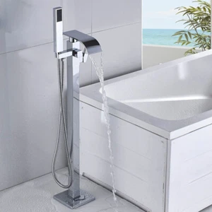 Chrome Freestanding Bathtub Faucet Tub Filler Floor Mounted Hand Shower Mixer - Picture 1 of 20