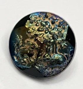 Vintage TWO RABBITS Iridescent Carnival Luster Black Glass Button - 3/4" (BG8) - Picture 1 of 2