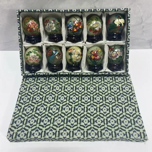 Jade Hand Painted Eggs 1.75”H With Wooden Stands Set of 10 in Cloth Box - Picture 1 of 6
