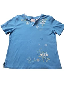 Womens Petite Medium Alfred Dunner Short Sleeve Top Blue Beaded Embellishments  - Picture 1 of 5