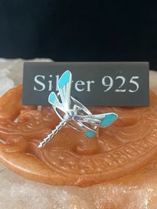 Solid Silver With Turquoise Enamel Dragonfly Ring - Picture 1 of 6