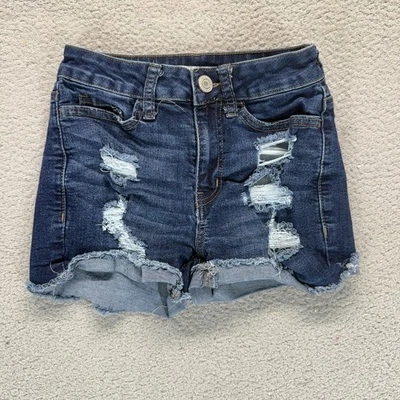 Denim So Shortie para mujer talla 0/2 tiro alto desgastado azul lavado oscuro con puños Y2K Foto 1 de 4