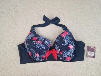 Joe Browns Bikini Top Size 26 Navy Blue & Pink Floral Halter-Neck - Image 1 of 4