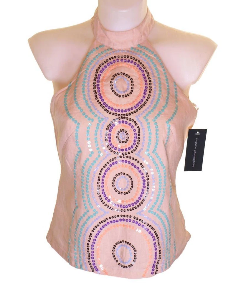 Bnwt Women's French Connection Halter Neck Sequin Top RRP£50 New Ramie Peach - Image 1 of 3