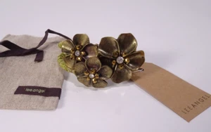 Lee Angel Womens Brass Flower Crystal Bead Velvet and ribbed Brass Cuff Bracelet - Picture 1 of 9