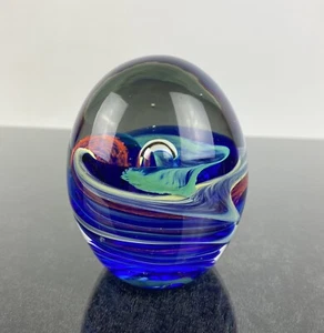 Art Glass Paperweight Ocean Swirl Blue & White With Orb Vintage Art Beautiful - Picture 1 of 8