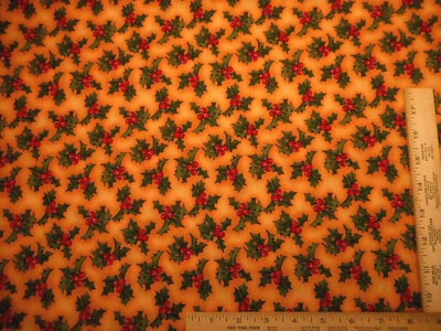 Moda Christmas Fabric 1 Yard Green Holly w/ Red Berries Dk Gold Cotton #8 Vtg C - Image 1 of 2