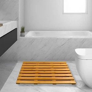Non-Slip Bath Mat Bathroom Duckboard Bamboo Shower Mat with Rubber Plugs - Picture 1 of 10