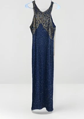 Vintage 80s Beaded Sequin Silk Dress Gold Embellished M Formal Evening Gown - Image 1 of 4