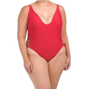 Nuevo traje de baño City Chic talla 16 con cordones espalda cruzada de una pieza rojo cereza - Imagen 1 de 5