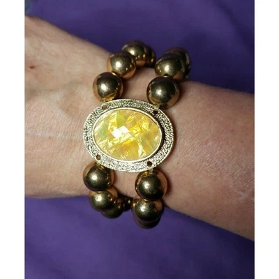 Gold Tone Double Strand Stretch Beaded Bracelet W/ Simulated Yellow Opal Accent - Image 1 of 4