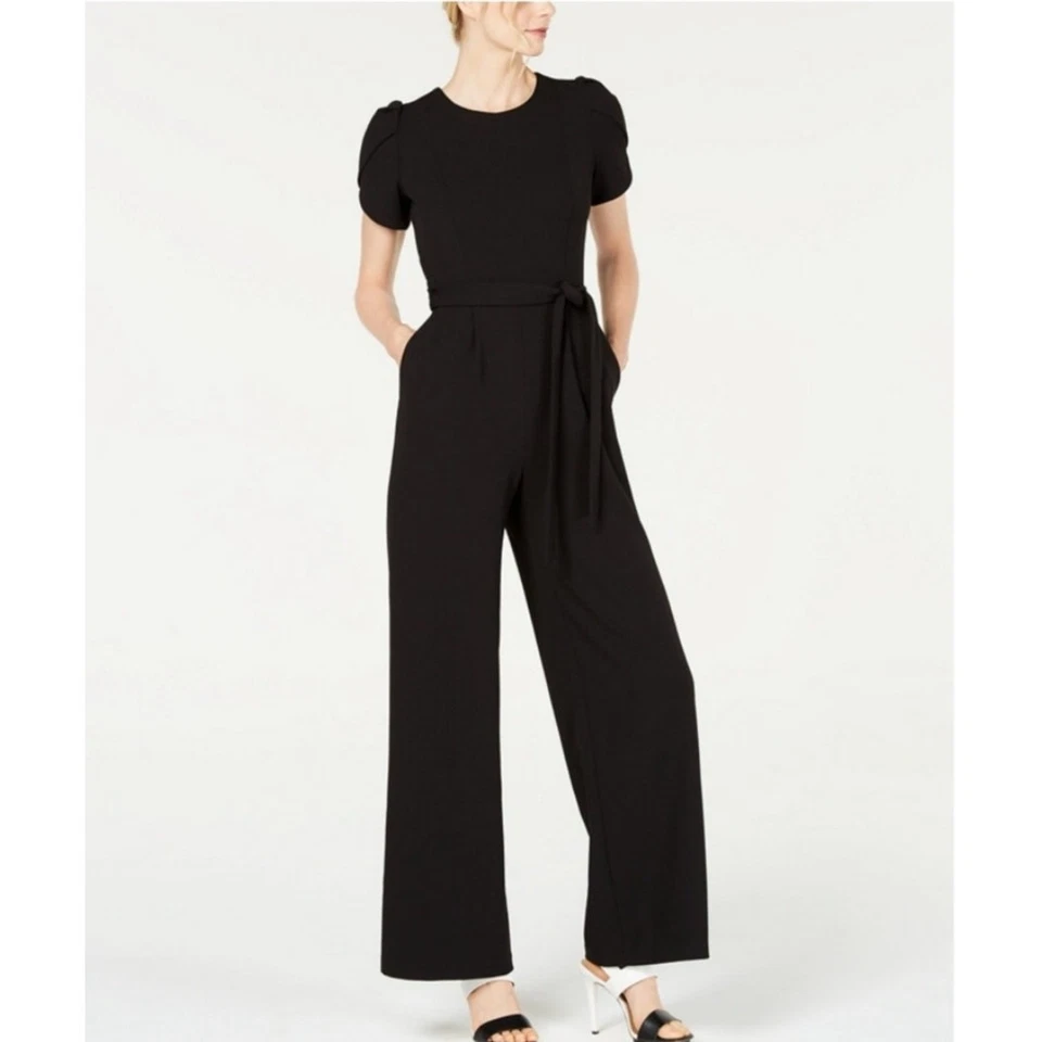 Calvin Klein black puff short sleeve wide leg jumpsuit  - Image 1 of 4