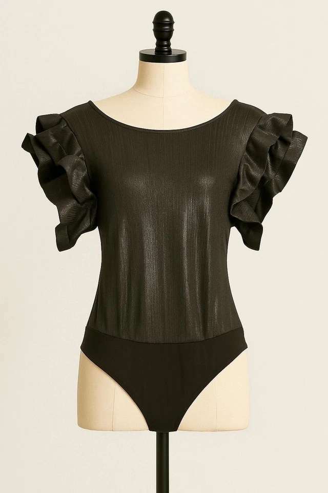 Black Metallic Ruffle Sleeve Bodysuit – Elegant Shimmer Top Chic Style (Size M) - Image 1 of 4