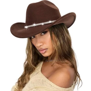 Western Women Cowgirl-Hat Felt-Fedora Buckle-Belt Bling-Rhinestone Men Rolled... - Picture 1 of 5