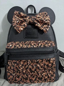 Loungefly × Disney Minnie Mouse Sequin Mini Backpack Belle Bronze Black NWOT - Picture 1 of 12