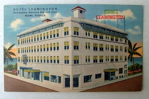CARTOLINA LINO HOTEL LEAMINGTON MIAMI FLORIDA CON VISTA BISCAYNE BAY PARK #66f - Foto 1 di 2