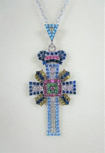 ITALIAN TURQUOISE, LAB RUBY/SAPPHIRE & CZ CROSS NECKLACE White Gold/925 SILVER - Picture 1 of 5