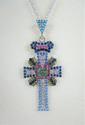 ITALIAN TURQUOISE, LAB RUBY/SAPPHIRE & CZ CROSS NECKLACE White Gold/925 SILVER - Image 1 of 4