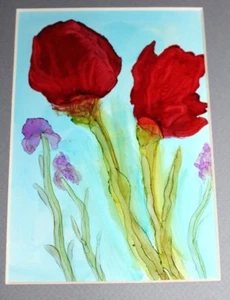 "Red Roses & Iris" -Alcohol Ink Painting 5"X7" - 8"X10" Pro Beveled Mat - Picture 1 of 2
