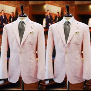 Pink Seersucker Men's Suits Formal Business Party Wedding Summer Men Tuxedos - Picture 1 of 6
