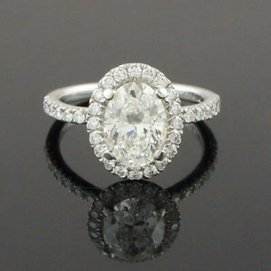Platinum, 2.66 CTW Center Oval Diamond Halo Wedding Band, Estate Engagement Ring - Picture 1 of 9