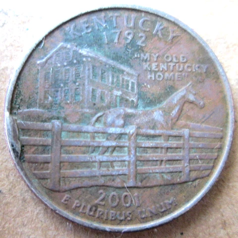 2001-P KENTUCKY QUARTER REVERSE DIE BREAK CUD ERROR, DUG COIN, VF, CIRCULATED Cover