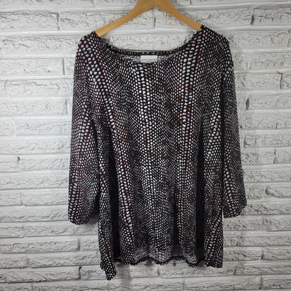 Rebecca Malone Womens Top 3X Plus 3/4 Sleeve Poly Blend Black Pink Watercolor - Image 1 of 4