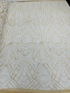 White Geometric Design With Shiny Sequin On A 4 Nude Way Stretch Mesh-By Yard - Picture 1 of 5