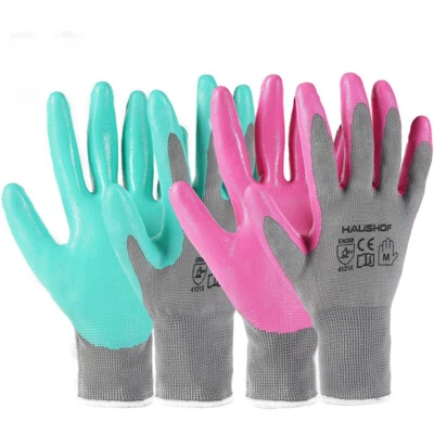HAUSHOF Garden Gloves Nitrile Coated Working Gloves Pink & Green 6 Pairs Medium - Image 1 of 4