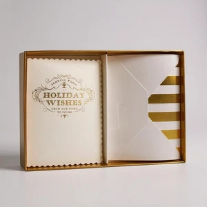 Elum Holiday Wishes Cards w/ Gold Stripe Envelopes Ecru 9ct Open Box Christmas - Picture 1 of 3