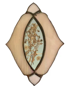 Stained Glass Pink Hanging Mirror Pressed Flower Oblong 9" T Wall Art Iredescent - Picture 1 of 10
